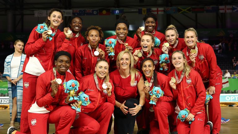 Tracey Neville celebrates with her squad after they won gold at the Commonwealth Games on the Gold Coast in 2018