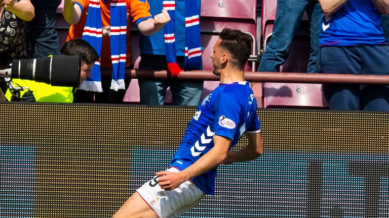Nikola Katic celebrates after scoring to make it 3-0 to Rangers at Hearts