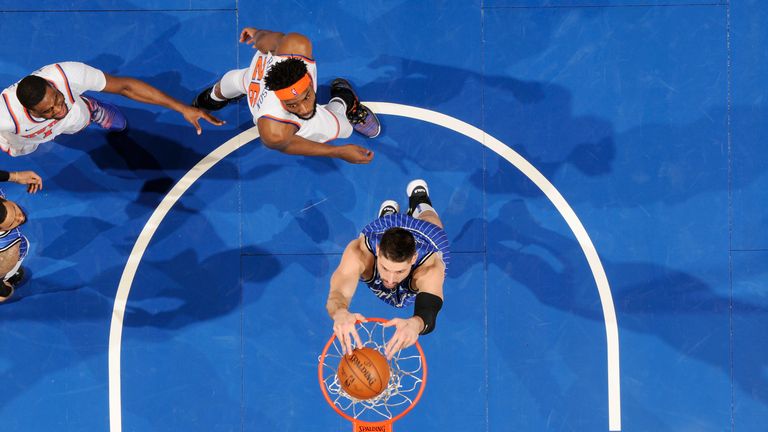 Nikola Vucevic #9 of the Orlando Magic dunks the ball against the New York Knicks on April 3, 2019 at Amway Center in Orlando, Florida.