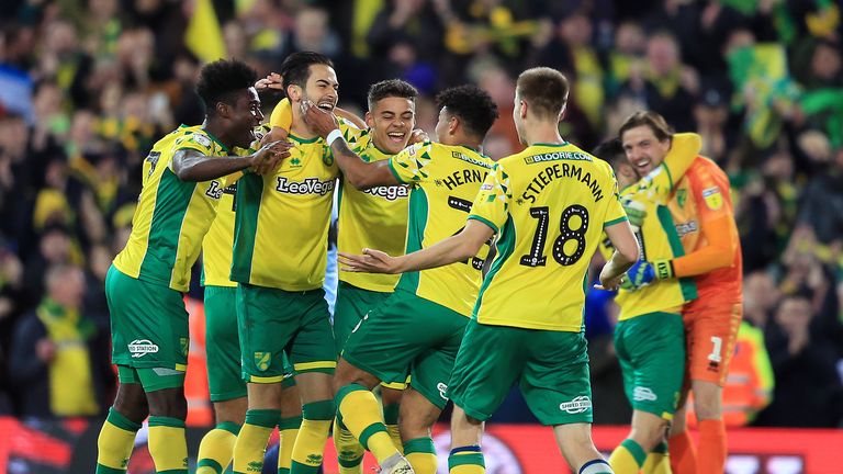 Norwich City players celebrate at full time as they secure promotion to the Premier League following their victory in the Sky Bet Championship match between Norwich City and Blackburn Rovers at Carrow Road on April 27, 2019 in Norwich, England.