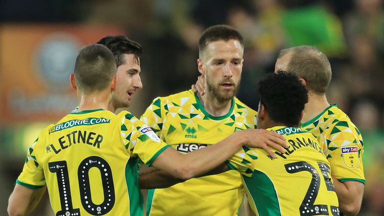 NORWICH, ENGLAND - APRIL 19: Marco Stiepermann of Norwich City celebrates with his teammates after he scores his sides first goal during the Sky Bet Championship match between Norwich City and Sheffield Wednesday at Carrow Road on April 19, 2019 in Norwich, England. (Photo by Stephen Pond/Getty Images)