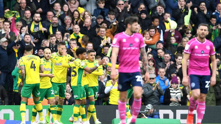 NORWICH, ENGLAND - APRIL 06: Marco Stiepermann of Norwich City celebrates after scoring his team's second goal with his team-mates during the Sky Bet Championship match between Norwich City and Queens Park Rangers at Carrow Road on April 06, 2019 in Norwich, England. (Photo by Ross Kinnaird/Getty Images)