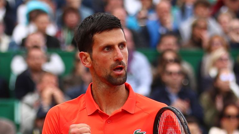 Novak Djokovic of Serbia celebrates a point against Philipp Kohlschreiber of Germany in their second round match during day 3 of the Rolex Monte-Carlo Masters at Monte-Carlo Country Club on April 16, 2019 in Monte-Carlo, Monaco.