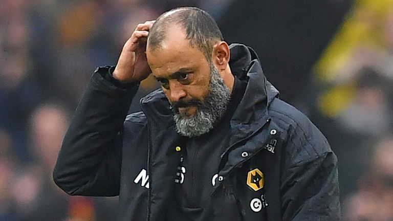 Wolverhampton Wanderers' Portuguese head coach Nuno Espirito Santo reacts to their defeat on the pitch after the English FA Cup semi-final football match between Watford and Wolverhampton Wanderers at Wembley Stadium in London, on April 7, 2019