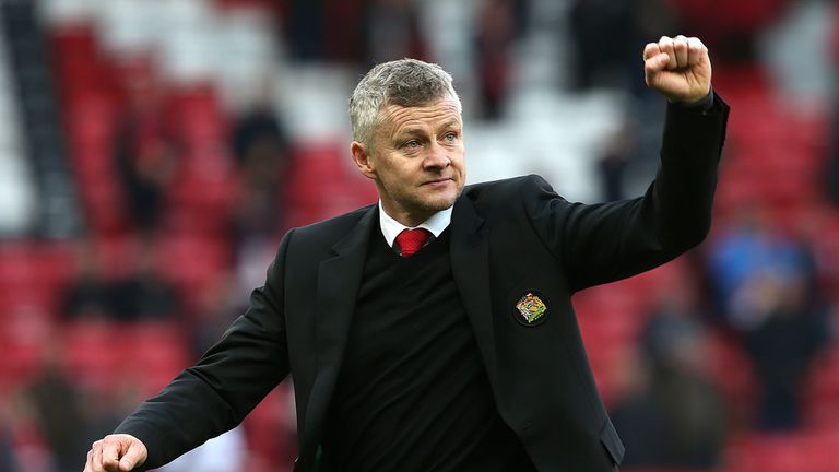Ole Gunnar Solskjaer at full-time in the Premier League match between Manchester United and Watford at Old Trafford on March 30, 2019