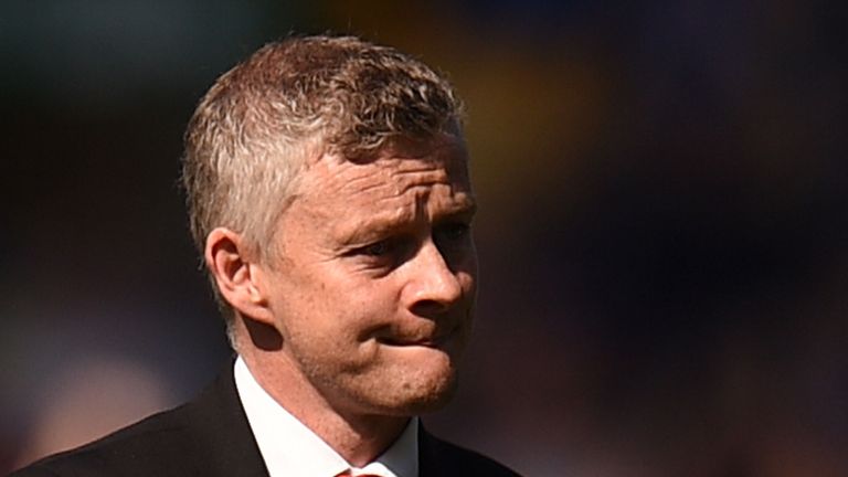 Manchester United&#39;s Norwegian manager Ole Gunnar Solskjaer reacts after the final whistle in the English Premier League football match between Everton and Manchester United at Goodison Park in Liverpool, north west England on April 21, 2019.