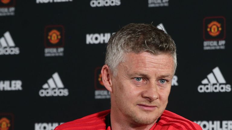 Ole Gunnar Solskjaer speaks during a press conference at Aon Training Complex on April 23, 2019