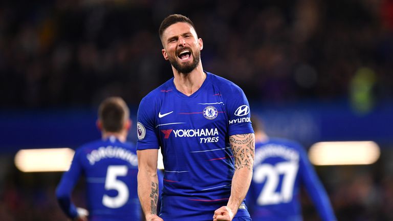 Olivier Giroud celebrates after giving Chelsea the lead