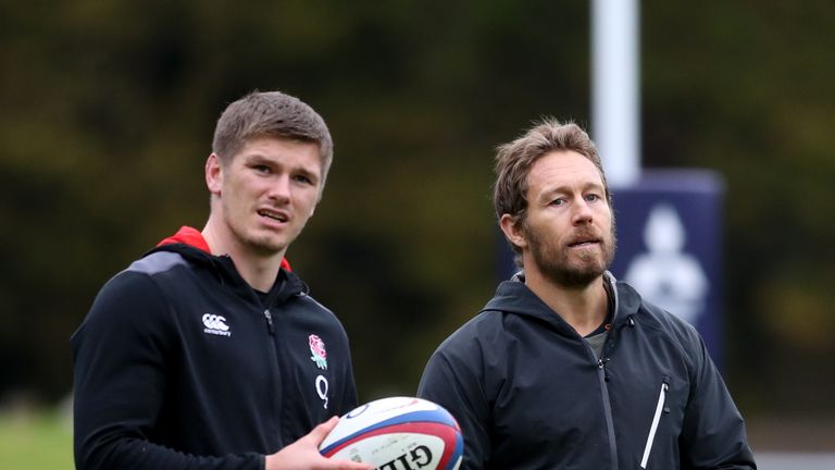 Owen Farrell (left) and Jonny Wilkinson at England training, 2017