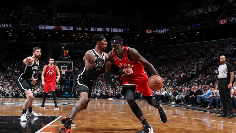 Pascal Siakam #43 of the Toronto Raptors handles the ball against the Brooklyn Nets on April 3, 2019 at Barclays Center in New York City, New York.