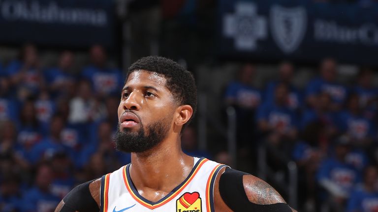 Paul George #13 of the Oklahoma City Thunder looks on during Game Four of Round One of the 2019 NBA Playoffs on April 21, 2019 at Chesapeake Energy Arena in Oklahoma City, Oklahoma. 