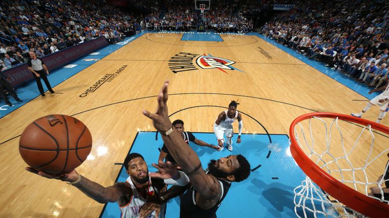 Paul George of the Oklahoma City Thunder shoots the ball against the Detroit Pistons