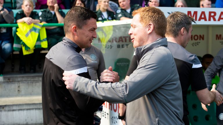 Hibernian manager Paul Heckingbottom shakes hands with Celtic manager Neil Lennon