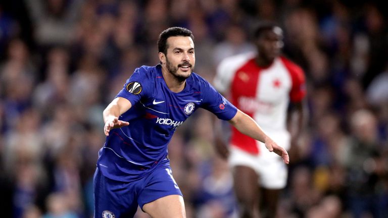 Chelsea's Pedro celebrates scoring his side's fourth goal of the game during the UEFA Europa League quarter final second leg match at Stamford Bridge, London.