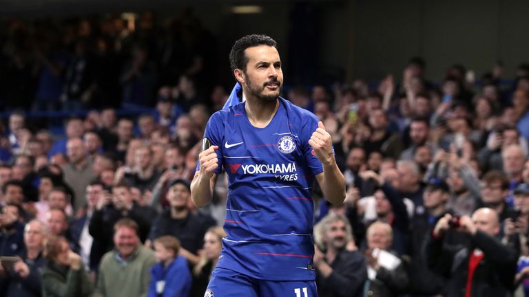 Chelsea&#39;s Pedro celebrates scoring his side&#39;s first goal of the game during the UEFA Europa League quarter-final second leg match at Stamford Bridge, London.
