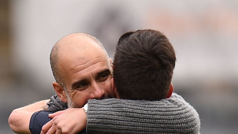 Pep Guardiola and David Silva Man City v Burnley