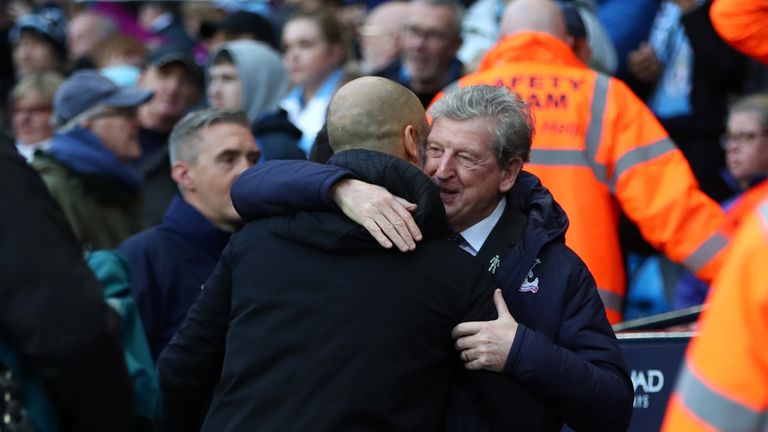Pep Guardiola and Roy Hodgson before the game between Manchester City and Crystal Palace in December