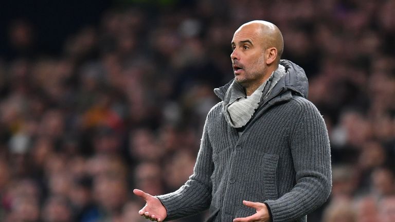Josep Guardiola, Manager of Manchester City reacts during the UEFA Champions League Quarter Final first leg match between Tottenham Hotspur and Manchester City at Tottenham Hotspur Stadium on April 09, 2019 in London, England.