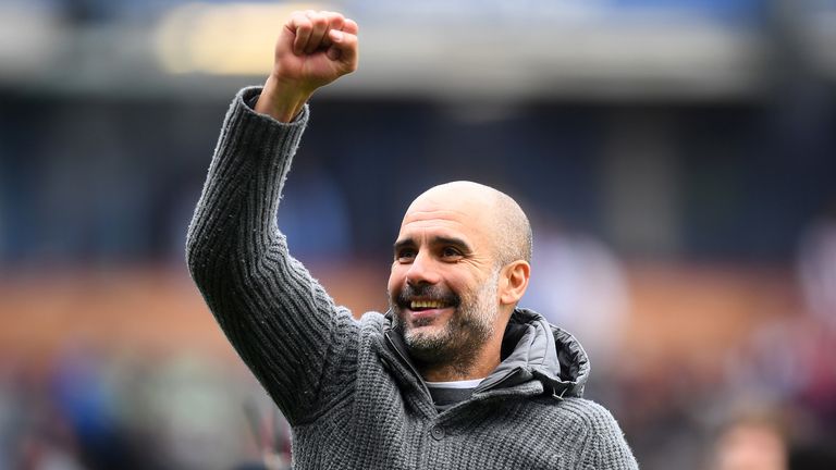 Josep Guardiola, Manager of Manchester City celebrates victory after the Premier League match between Burnley FC and Manchester City at Turf Moor on April 28, 2019 in Burnley, United Kingdom.