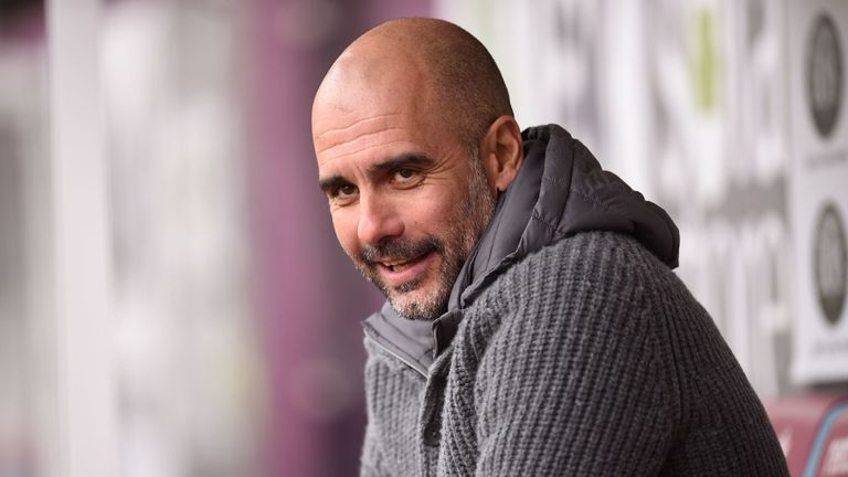 Pep Guardiola takes his seat at Turf Moor for the Premier League match between Burnley and Manchester City on April 28, 2019