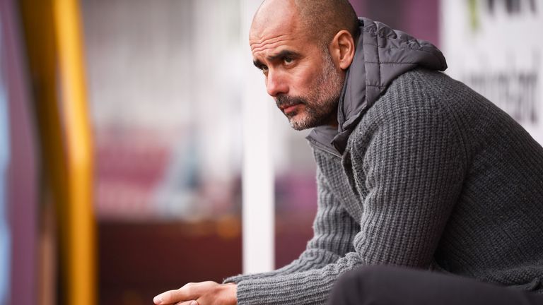 Pep Guardiola takes his seat at Turf Moor for the Premier League match between Burnley and Manchester City on April 28, 2019