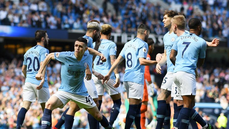 Phil Foden celebrates after giving Man City a 1-0 lead