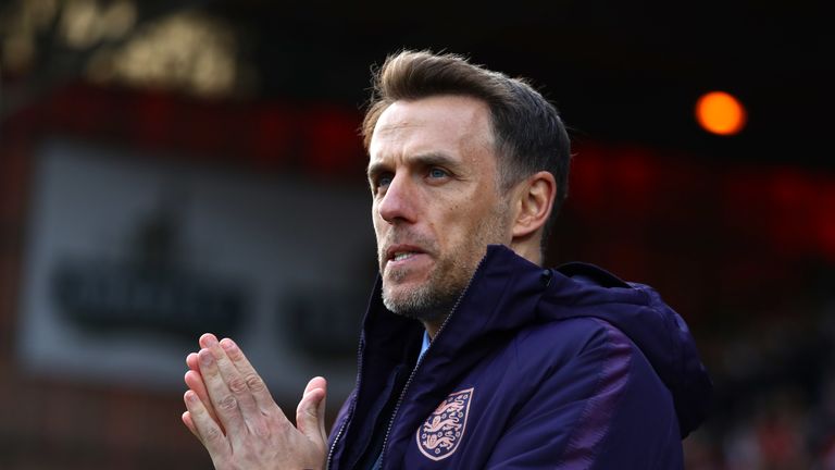 SWINDON, ENGLAND - APRIL 09: Phil Neville head coach of England looks on during the International Friendly between England Women and Spain Women at County Ground on April 09, 2019 in Swindon, England. (Photo by Michael Steele/Getty Images)