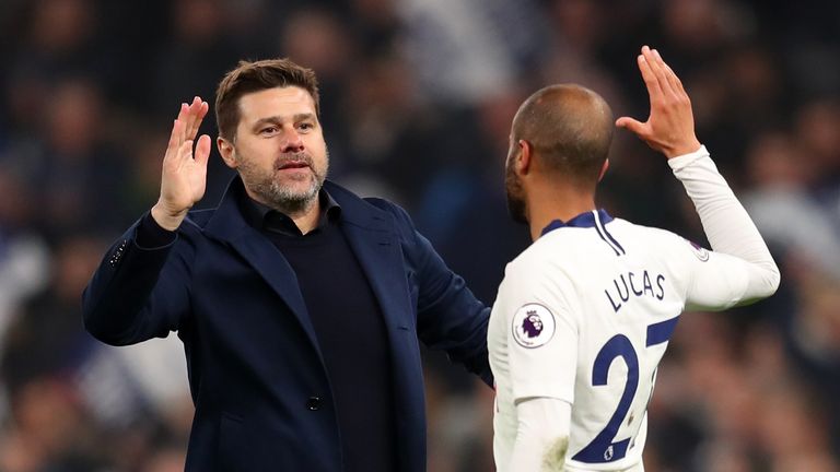 Mauricio Pochettino celebrates with Lucas Moura after Tottenham's win over Crystal Palace