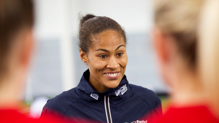 Rachel Yankey with competitors during the StreetGames Football Pools Fives event at St George&#39;s Park, Burton