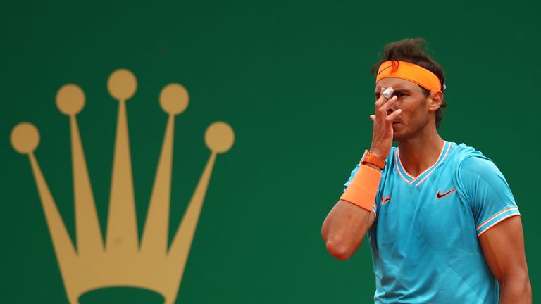 Rafael Nadal of Spain shows his frustration during his straight sets defeat by Fabio Fognini of Italy in their semifinal match during day seven of the Rolex Monte-Carlo Masters at Monte-Carlo Country Club on April 20, 2019 in Monte-Carlo, Monaco.