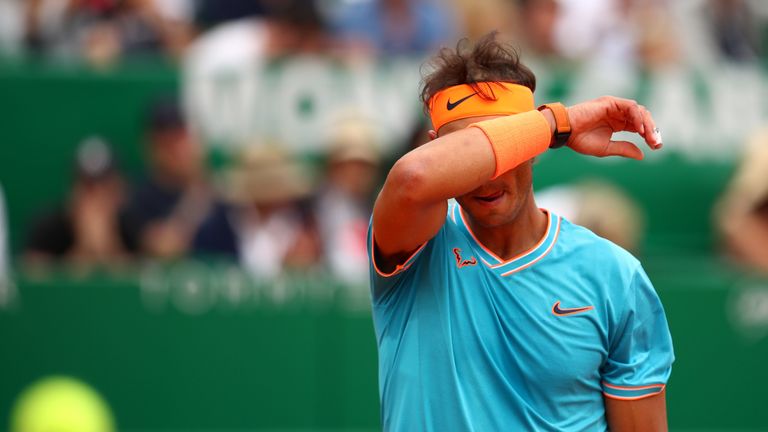 Rafael Nadal of Spain shows his dejection during his straight sets defeat by Fabio Fognini of Italy in their semifinal match during day seven of the Rolex Monte-Carlo Masters at Monte-Carlo Country Club on April 20, 2019 in Monte-Carlo, Monaco.