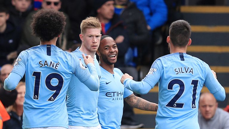 Raheem Sterling celebrates scoring for Manchester City against Crystal Palace