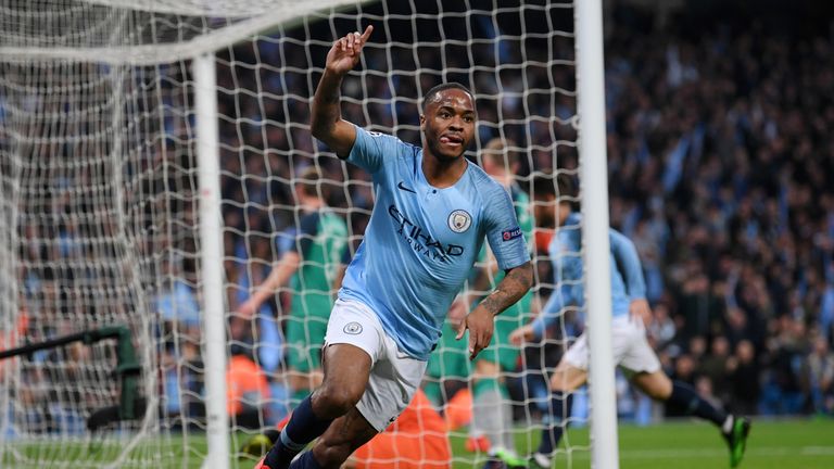 Raheem Sterling celebrates scoring Manchester City's third goal against Tottenham