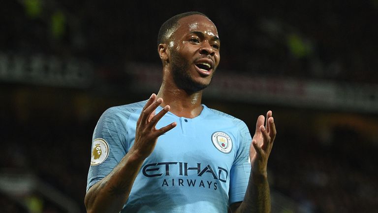Raheem Sterling reacts after missing the opportunity to put Man City ahead