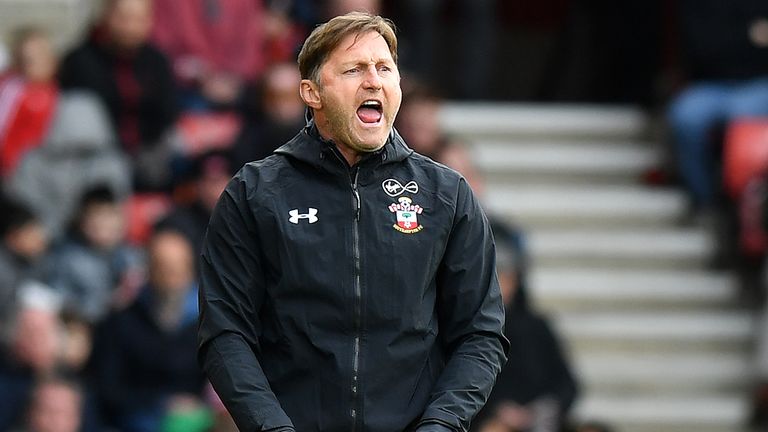 Southampton's Austrian manager Ralph Hasenhuttl shouts instructions to his players from the touchline during the English Premier League football match between Southampton and Tottenham Hotspur at St Mary's Stadium in Southampton, southern England on March 9, 2019