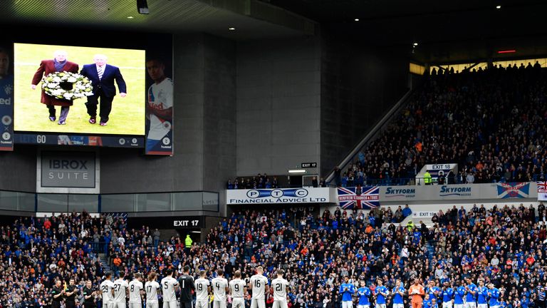 28/04/19 LADBROKES PREMIERSHIP.RANGERS V ABERDEEN.IBROX - GLASGOW.Both teams show observe a minutes applause for former Celtic and Scotland captain Billy McNeill.