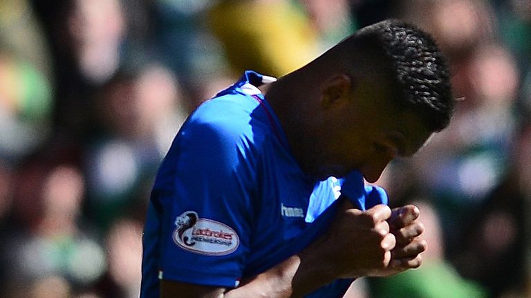 Alfredo Morelos of Rangers walks off the pitch after he is given the red card by match referee Bobby Madden after a challenge on Scott Brown of Celtic during the Ladbrokes Scottish Premiership match between Celtic and Rangers at Celtic Park on March 31, 2019 in Glasgow, Scotland.