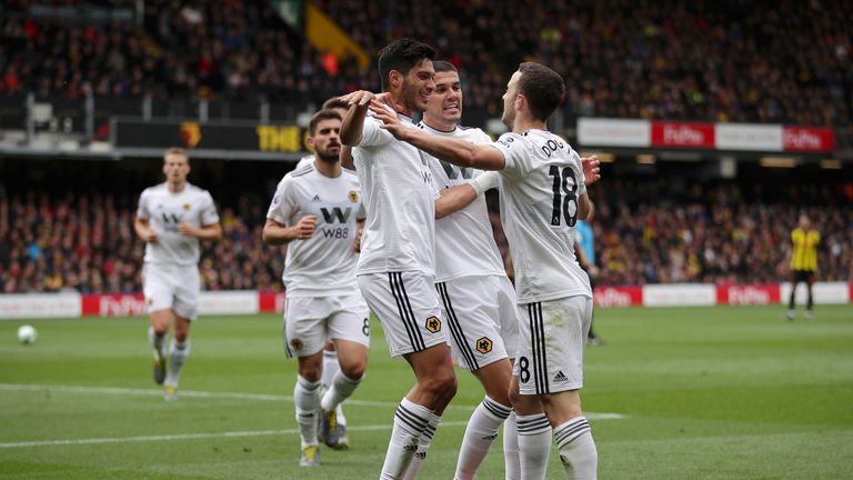 Raul Jimenez celebrates after giving Wolves a first-half lead