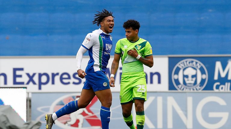 Wigan's Reece James celebrates scoring his side's goal against Norwich