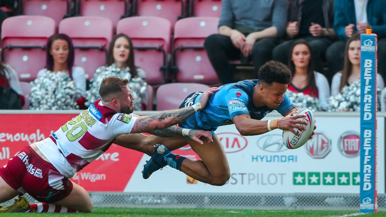 19/04/2019 - Rugby League - Betfred Super League - Wigan Warriors v St Helens - DW Stadium, Wigan, England - St Helens' Regan Grace scores a try.