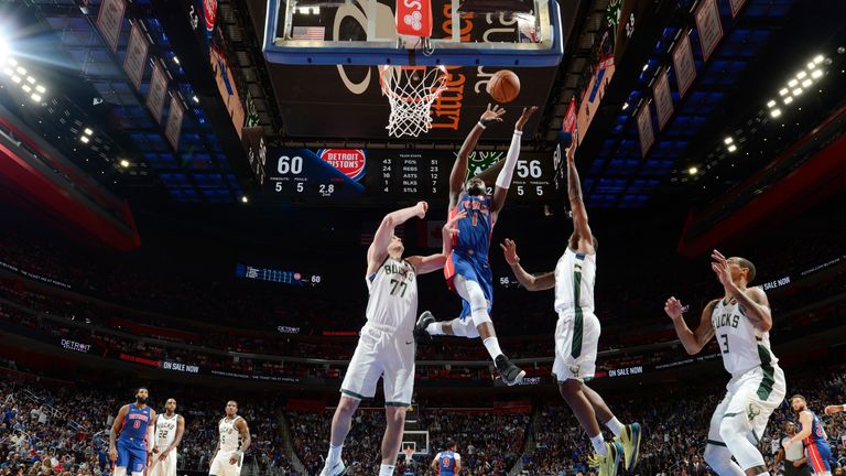Reggie Jackson of the Detroit Pistons shoots the ball against the Milwaukee Bucks  during Game Four of Round One of the 2019 NBA Playoffs
