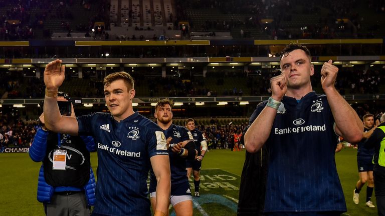 30 March 2019; Garry Ringrose, left, and James Ryan of Leinster following the Heineken Champions Cup Quarter-Final between Leinster and Ulster at the Aviva Stadium in Dublin. Photo by Ramsey Cardy/Sportsfile