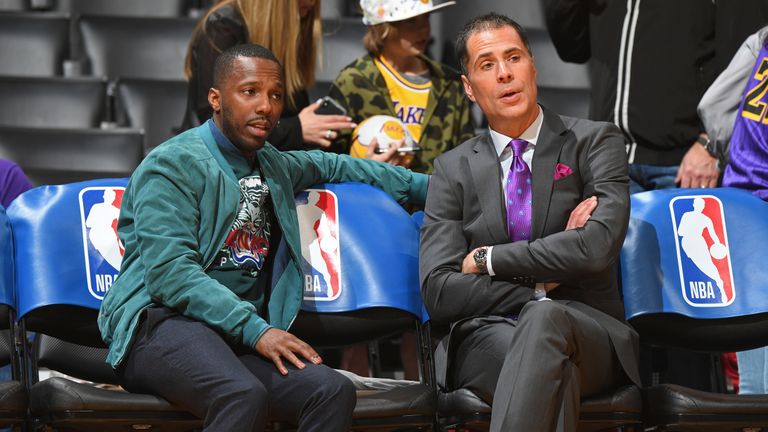 Rich Paul and Los Angeles Lakers General Manager Rob Pelinka speak before the game between New Orleans Pelicans and Los Angeles Lakerson February 27, 2019 at STAPLES Center in Los Angeles, California. 