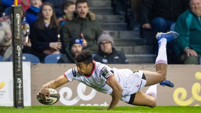 Robert Baloucoune of Ulster goes over to score his sides second try 
