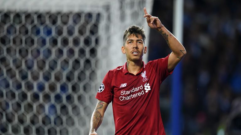 Substitute Roberto Firmino celebrates his goal to make it 3-1 to Liverpool away to Porto