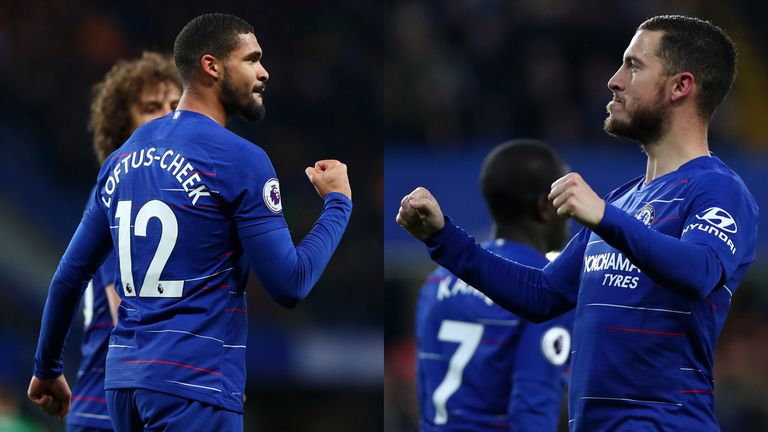 Ruben Loftus Cheek and Eden Hazard celebrate scoring against Cardiff