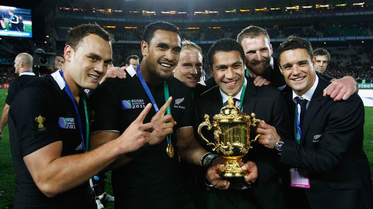 Israel Dagg, Jerome Kaino, Mils Muliaina and Dan Carter after New Zealand's World Cup win in 2011