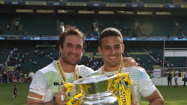 Marcelo Bosch (left) and Alex Lozowski after Saracens' Premiership final win over Exeter in 2018