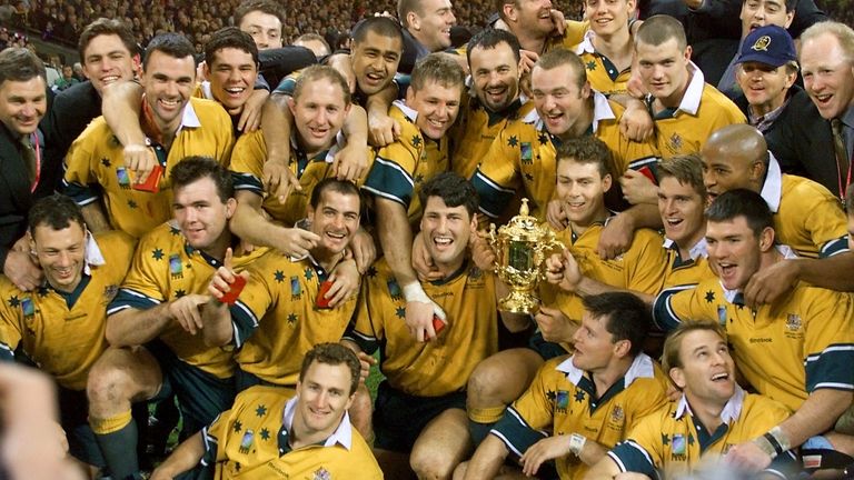 Australia celebrating their last Rugby World Cup triumph in 1999.
