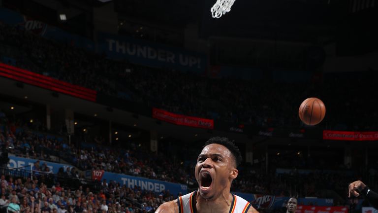 Russell Westbrook #0 of the Oklahoma City Thunder reacts to dunk against the Detroit Pistons on April 5, 2019 at Chesapeake Energy Arena in Oklahoma City, Oklahoma.